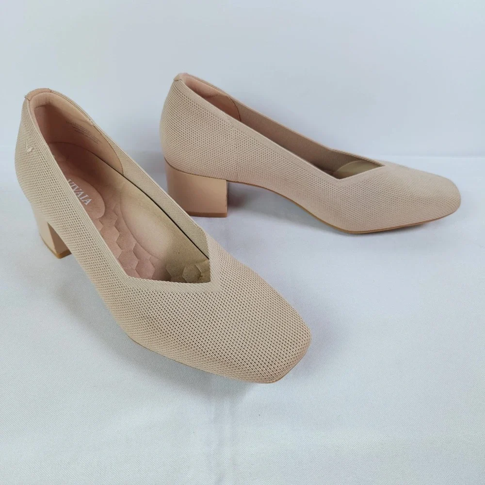 VIVAIA Megan Square Toe Chunky Heel Pumps Beige Knit Office Comfort Shoes Sz 39
